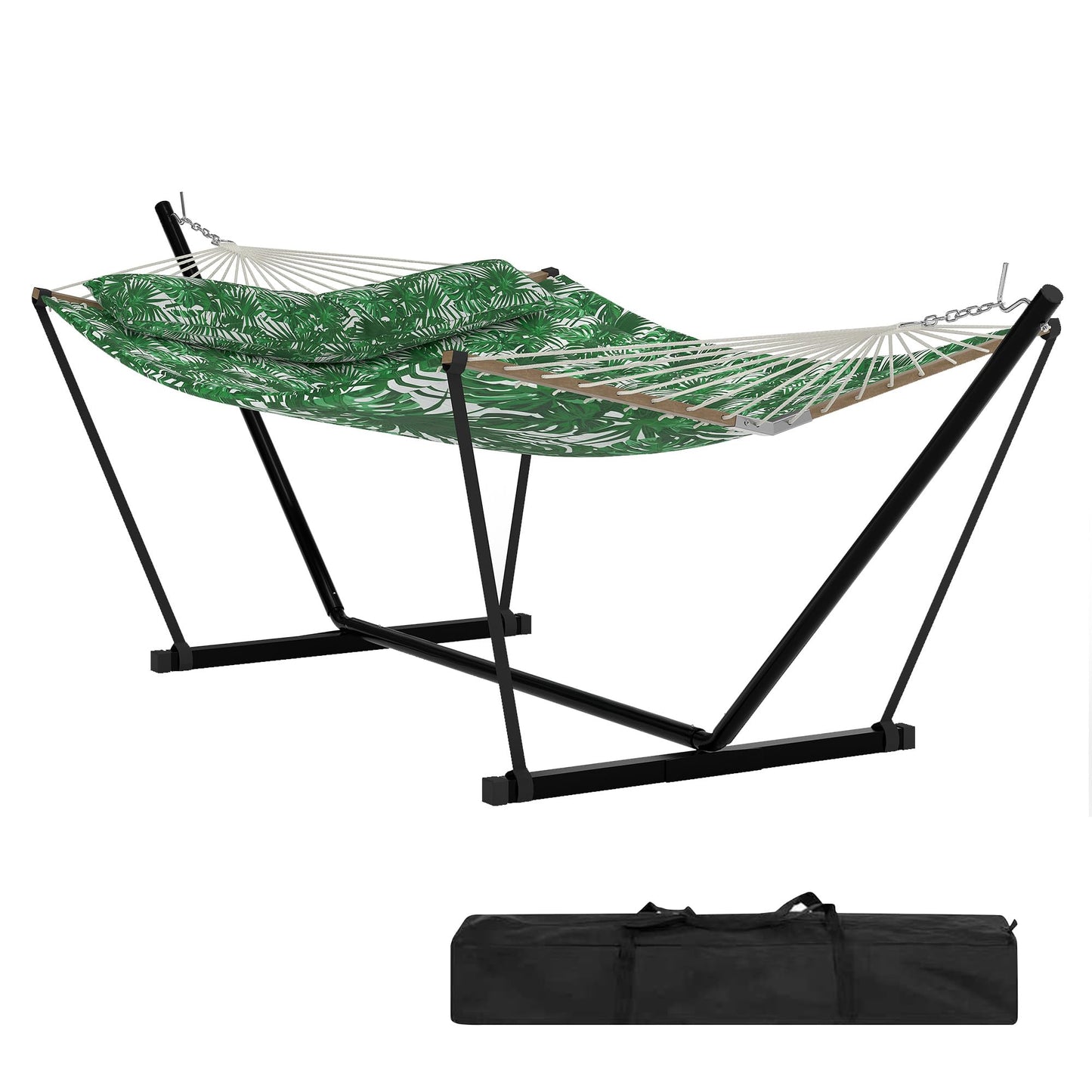 2 Person Double Hammock with Adjustable Steel Stand & Pillow, Heavy Duty Portable Outdoor Hammock Set, MAX 450 LBS Weight Capacity for Patio, Garden, Beach, Backyard