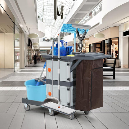 Commercial Janitorial Cart with 2 Cabinet, Cleaning Cart On Wheels, Housekeeping Caddy with Cover, Shelves, and Vinyl Bag, Hotel Housekeeping Room Hand Push Utility Service Cart
