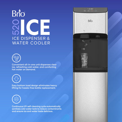 Brio 520 ICE Water Dispenser for 5 Gallon Bottle | Bullet Ice Maker Bottom Load Cooler | UV Self Cleaning, LED Touch Display with Digital Clock, Night Light, Child Safety Lock | 2X Fast Dispense