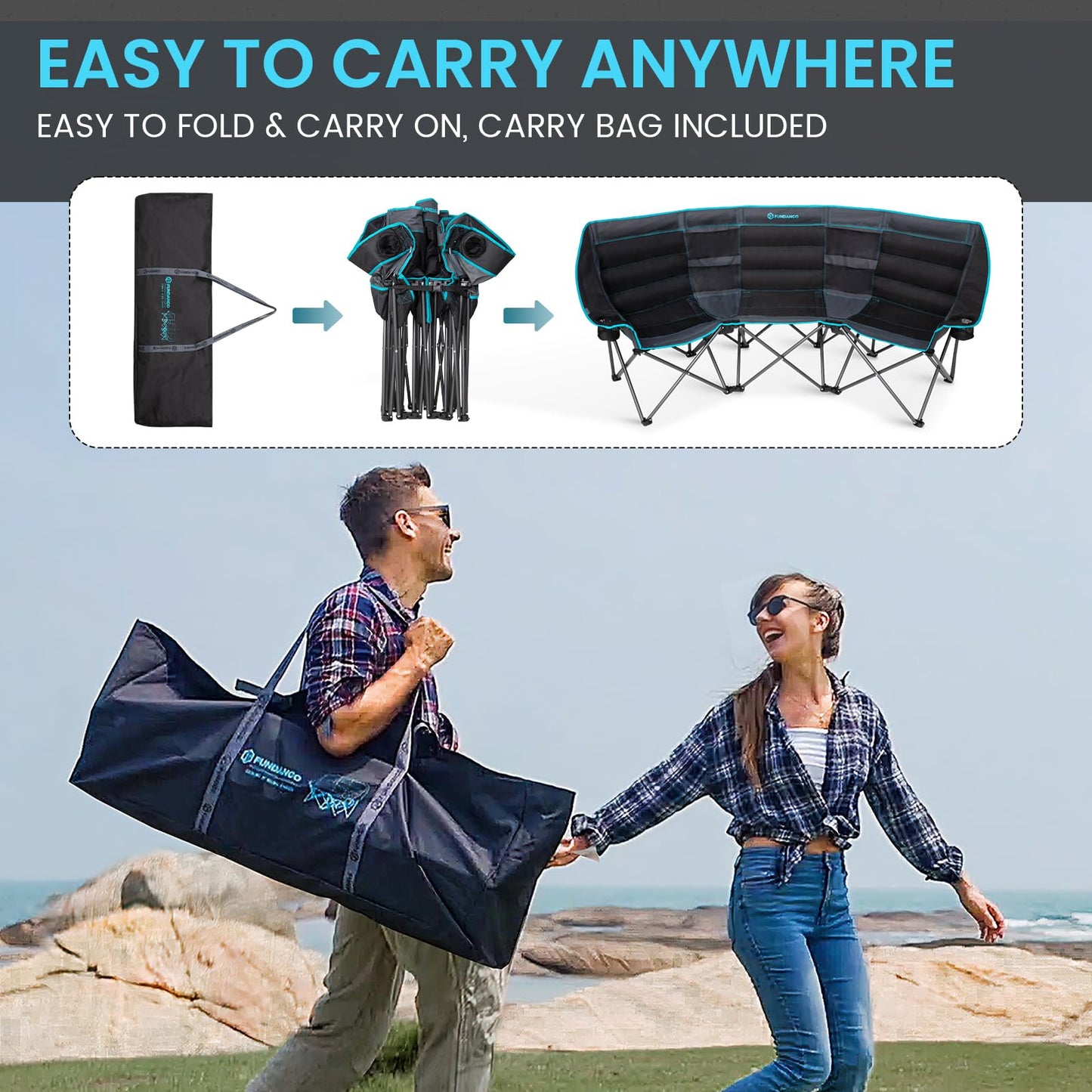 FUNDANGO Extra Wide 3 Person Camping Chair for Adults with Cooler, 1000 LBS Heavy Duty Oversized Camp Couch, Padded Folding Seat with Cup Holders for Outdoor, Sports & Lawn