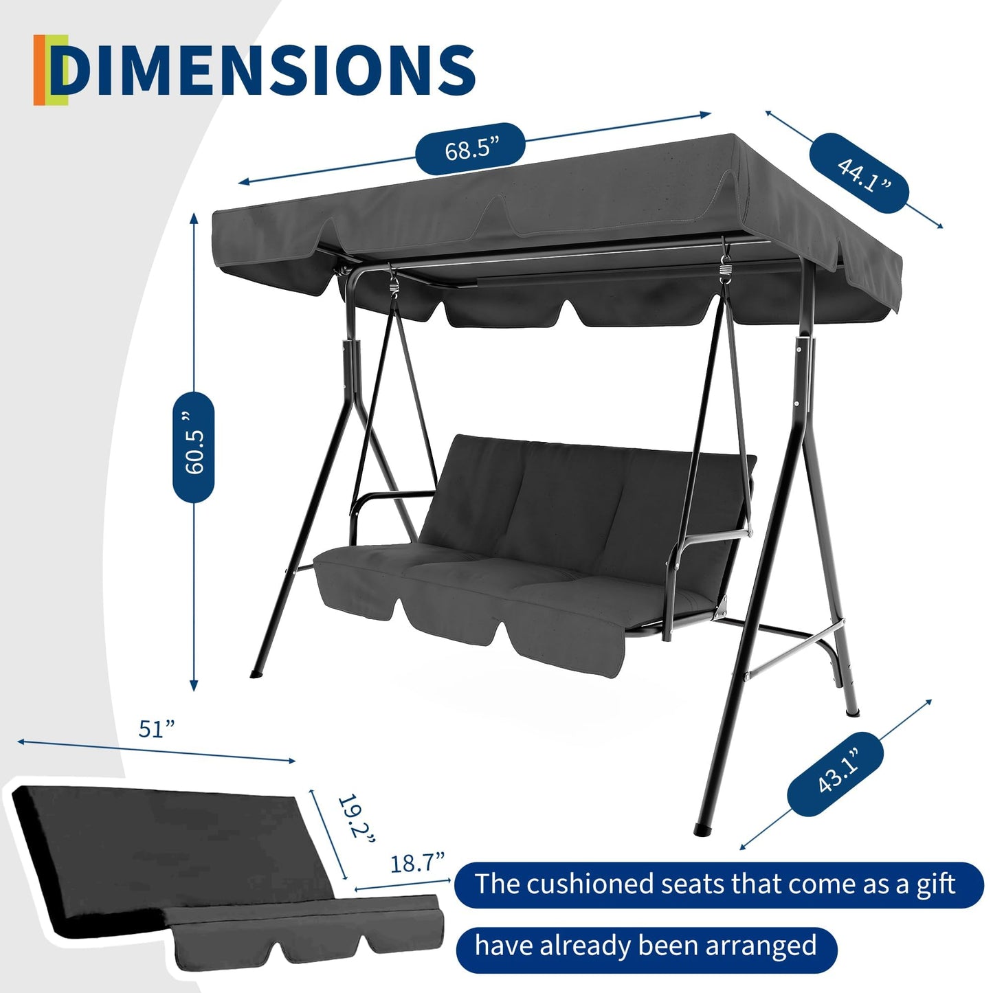 3 Seat Outdoor Porch Patio Swing with Stand and Adjustable Canopy, 800lbs Patio Chairs Porch Swing with Adjustable Tilt Shade for Blackyard Garden Deck, Grey