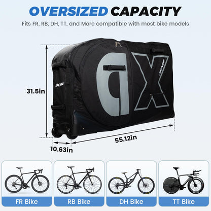 Exquimac Bike Travel Case & Bike Travel Bag - Bicycle Pro Transport Equipment for Air Flights - Oversized Capacity, Waterproof Fabric with 4 Aluminum Support Bars, Wheel Protection Tubes & YKK Zippers