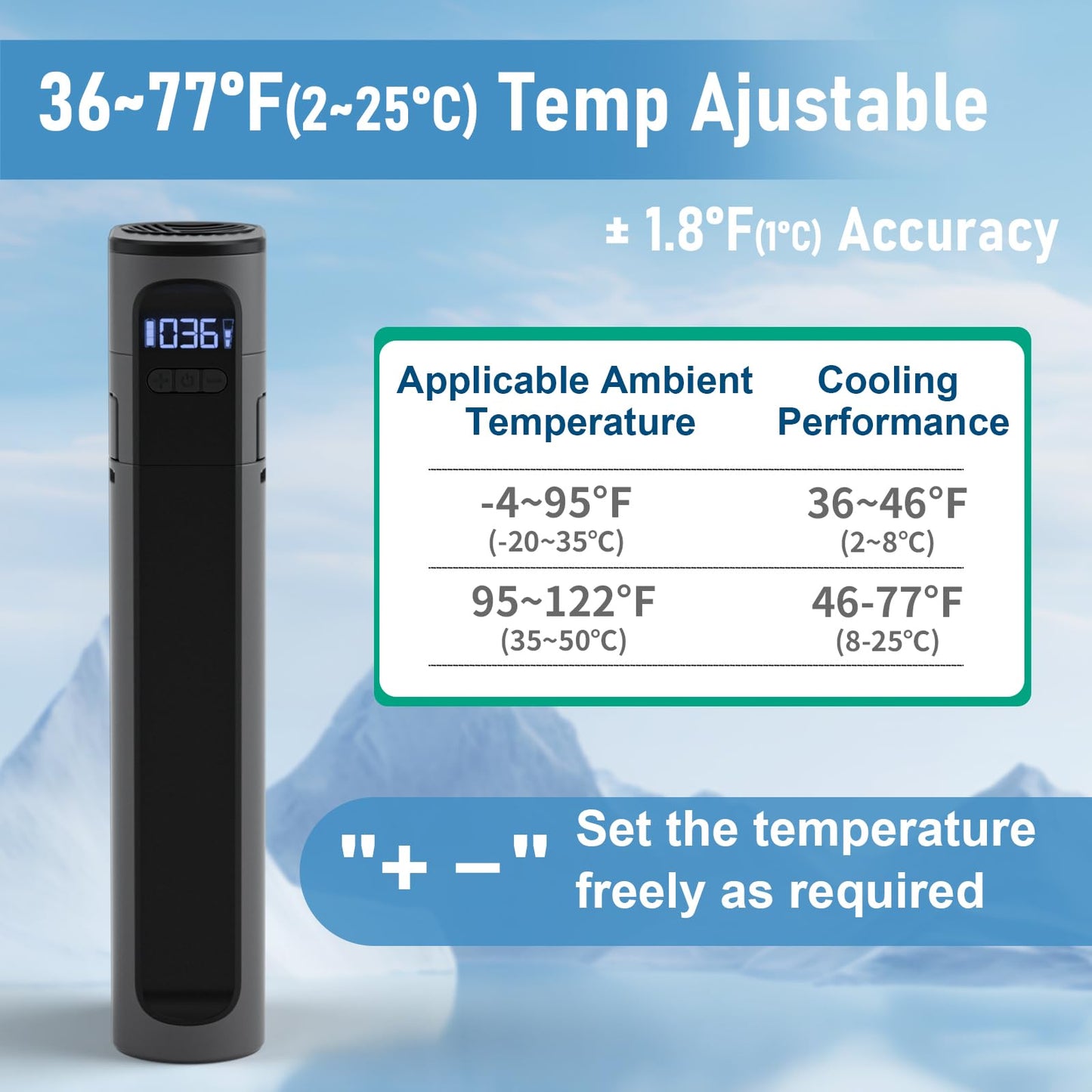 Electric Insulin Cooler Travel, 1 Pen Mini Medication Fridge with Battery, Temp Adjustable 36-77℉, 3-Level Cooling Intensity, USB Medicine Cooler, Prevent Freezing Below Zero