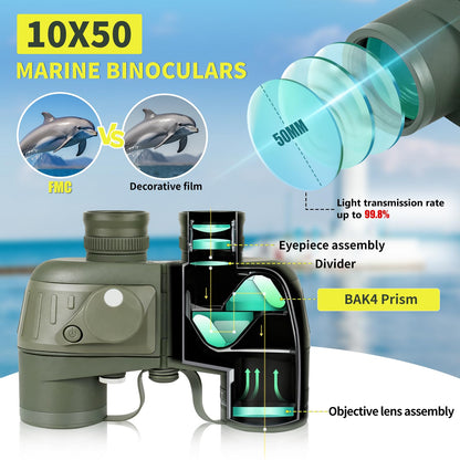 BOSTRON Marine Binoculars 10x50 with Compass and Rangefinder, Waterproof Fogproof Binoculars for Adults, Boating, Sailing, Fishing, Hunting and Outdoor Navigation