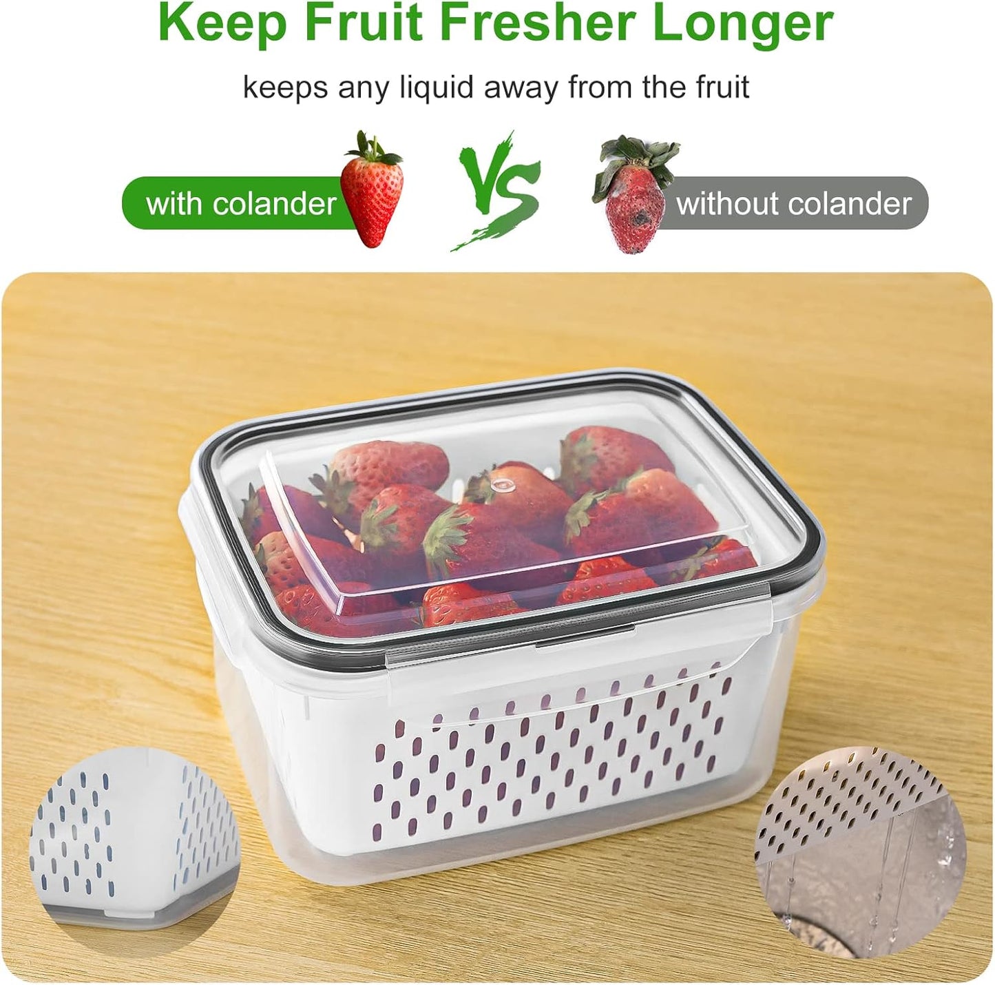 5 PCS Large Fruit Containers - Leakproof Food Storage with Removable Colander | Dishwasher & Microwave Safe