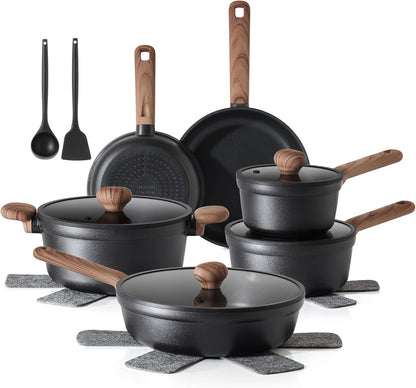 SENSARTE Nonstick Cookware Set - 17-Piece Induction Kitchen Set with Stay-Cool Handles | Matte Black, Dishwasher Safe