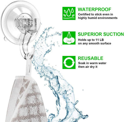 LUXEAR Suction Cup Hooks - 6 Pack Suction Hooks Reusable Powerful Waterproof - Clear Removable Suction Hanger for Shower,Tile,Bathroom,Towel,Kitchen,RV,Travel,Glass Door,Window