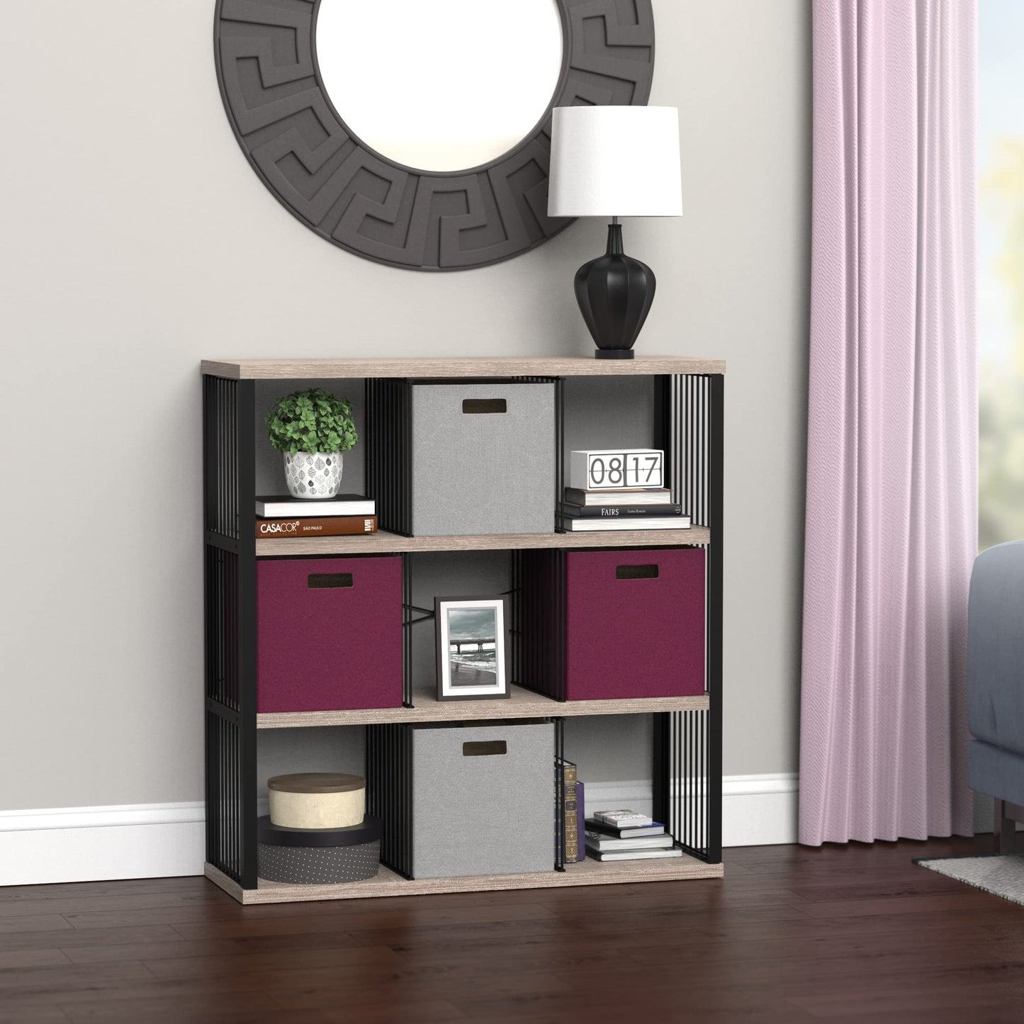 ClosetMaid 9-Cube Storage Organizer Bookshelf, Storage Shelf, Metal Frame, Wood Shelves, Easy Assembly, Black/Weathered Gray
