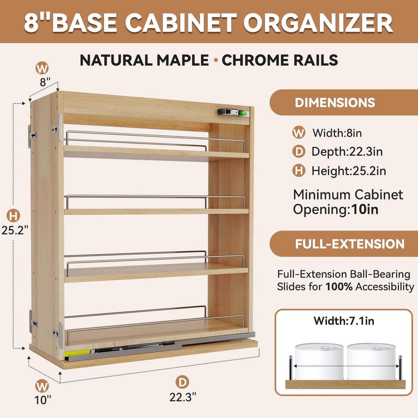 Grehitk Pull Out Spice Rack Organizer for Cabinet (8" W x 22.3" D x 25.2" H), Sliding Spice Rack for Kitchen Cabinet, Wood Pull Out Cabinet Organizer for Multi-Use