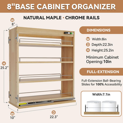 Grehitk Pull Out Spice Rack Organizer for Cabinet (8" W x 22.3" D x 25.2" H), Sliding Spice Rack for Kitchen Cabinet, Wood Pull Out Cabinet Organizer for Multi-Use