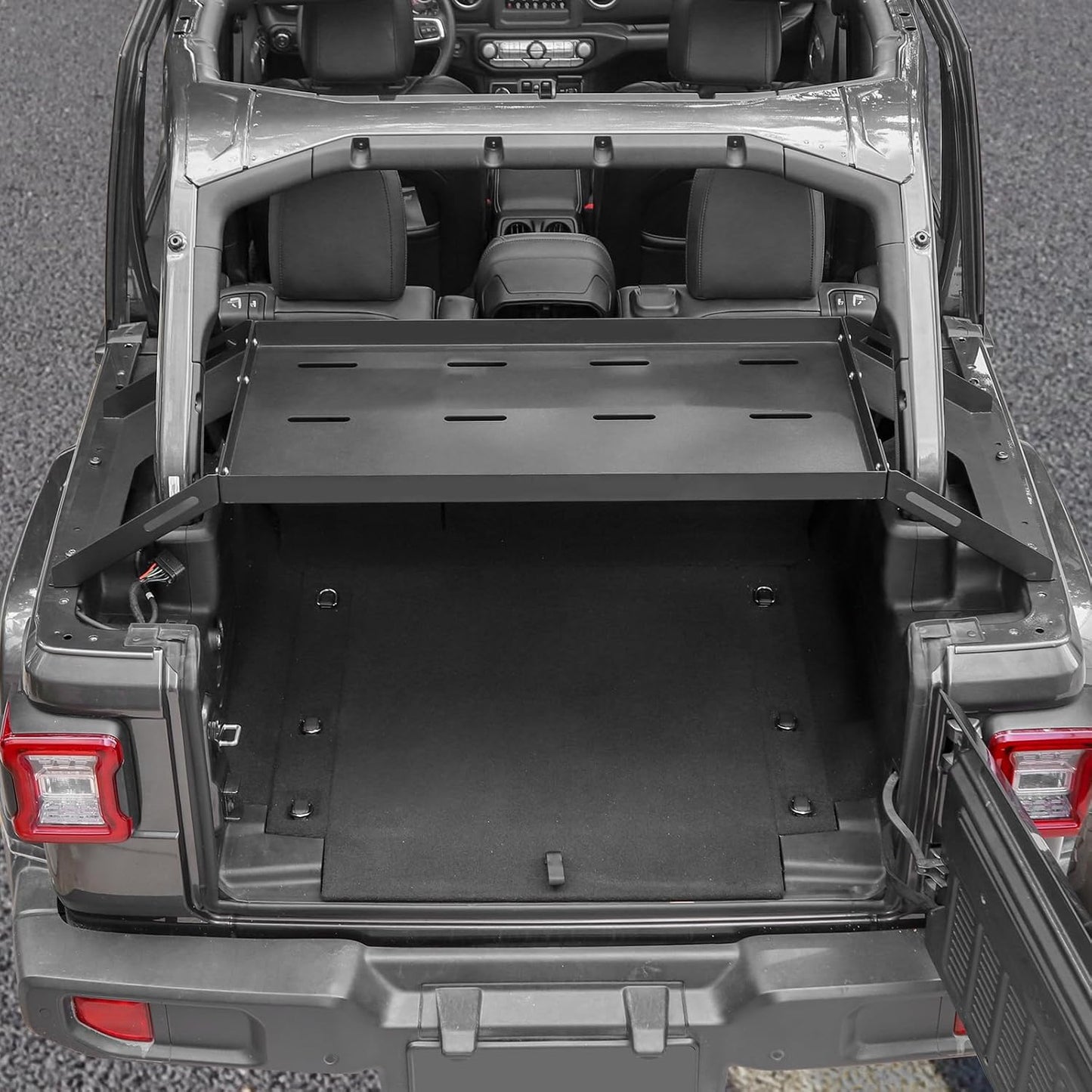 RT-TCZ Rear Trunk Cargo Rack Basket for Jeep Wrangler JKU (2007-2017) & JLU (2018+), 4 Door Interior Storage Shelf, Black Aluminum Alloy & Stainless Steel, 1PC Integrated Pallet