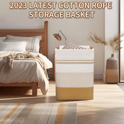 Large Laundry Hamper Basket, 85L Cotton Rope Woven Storage Bin for Blankets, Dirty Clothes Toys, Decorative Tall Basket with Leather Handles for Living Room, Bedroom, Bathroom, Nursery, Jute