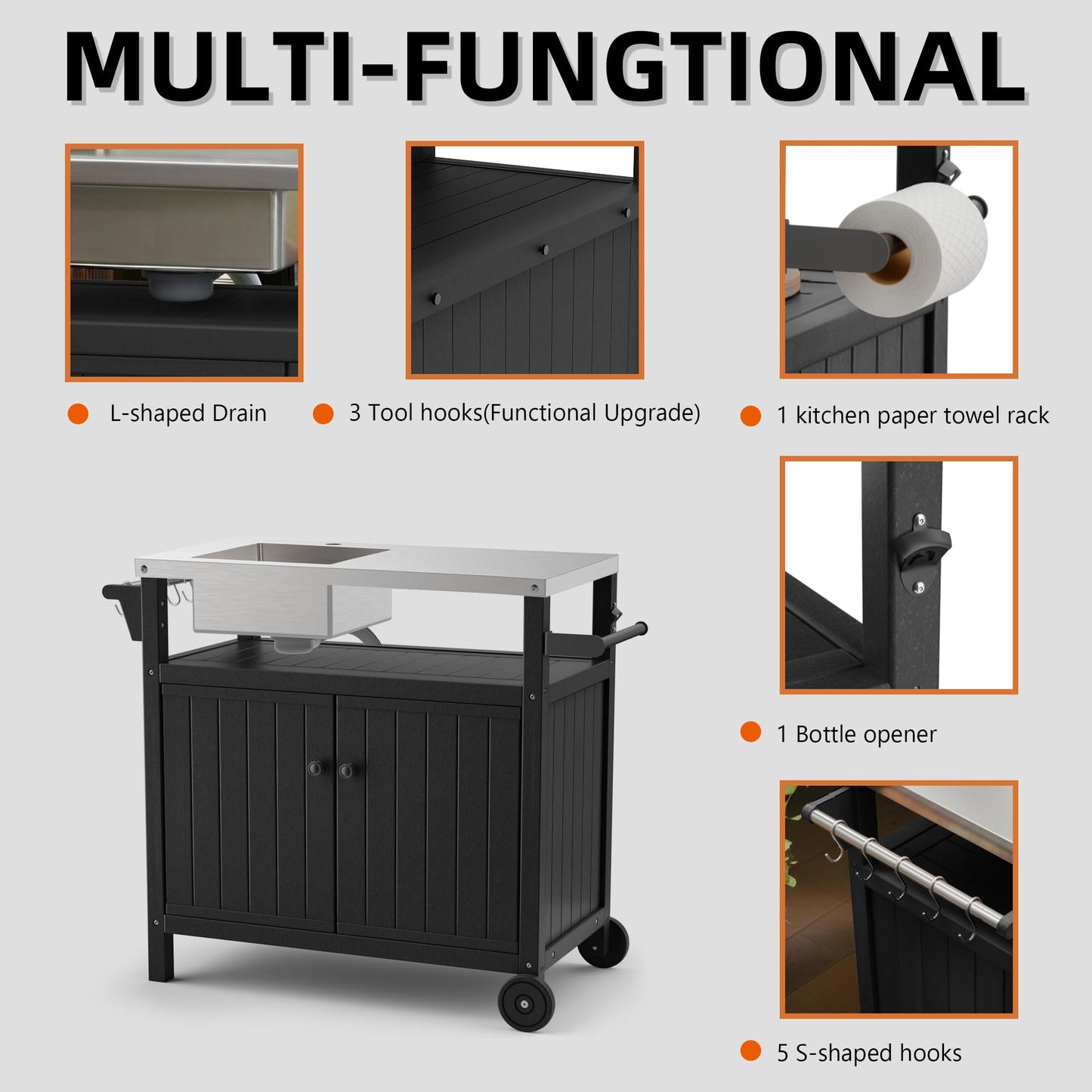 TORVA Multi-Functional Outdoor Grill Cart with Sink,Cabinet and Cover, 42 inch Freestanding Modular Kitchen Sink Station in 304 Stainless Steel&HDPE, All Weather Use BBQ Table, Black