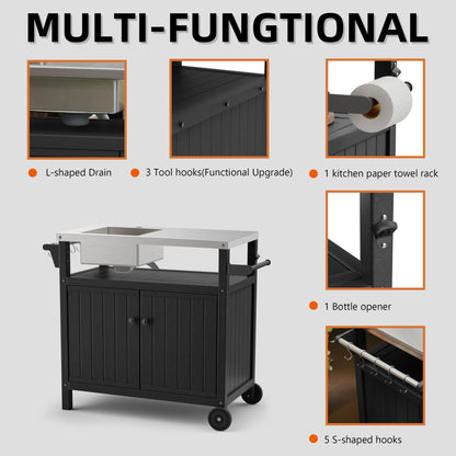 TORVA Multi-Functional Outdoor Grill Cart with Sink,Cabinet and Cover, 42 inch Freestanding Modular Kitchen Sink Station in 304 Stainless Steel&HDPE, All Weather Use BBQ Table, Black