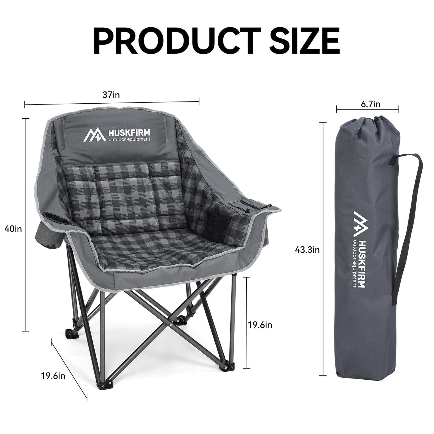 Huskfirm 2 Pack Camping Chairs Oversized Padded Camping Chair Heavy-Duty Foldable Camping Chairs with Cup Holder and Cooler Bag Portable Lawn Chair for Sports Outdoors-Support 450LBS, Grey