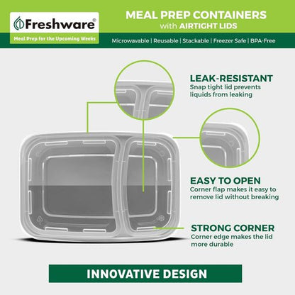 Freshware Meal Prep Containers - 25 Pack 2-Compartment Bento Boxes | BPA-Free, Stackable, Microwave Safe (28 oz) - Grey