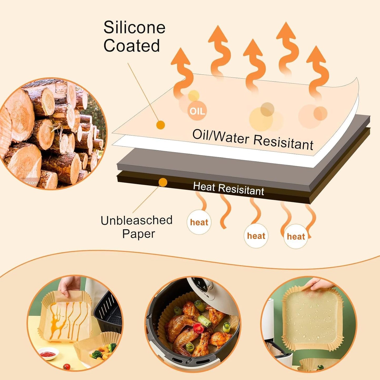 400 Pcs Air Fryer Paper Liners, 8" Square Air Fryer Liners Disposable, Heavy-Duty Parchment Paper for 5-8 qt Airfryer Basket, Non-Stick & Grease-Proof Baking Liner for Oven Pan