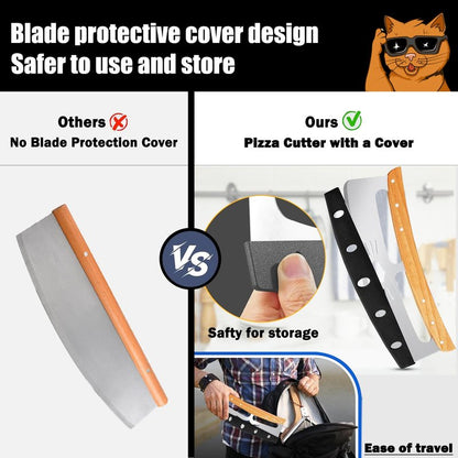 Pizza Cutter Rocker: 14-Inch,Funny Pizza Slicer Consists of Stainless Steel and Wooden Handle,Pizza Cutter with Protective Blade Guard - Pizza Oven Accessories Gifts for Men Dad.