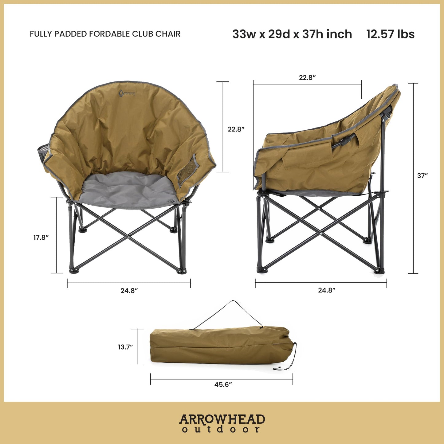 ARROWHEAD OUTDOOR 2-Pack Oversized Heavy-Duty Club Folding Camping Chair w/Pocket, Cup Holder, Portable, Padded, Moon, Round, Saucer, Supports 330lbs