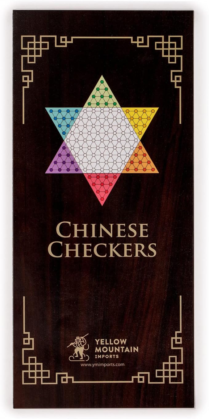 Yellow Mountain Imports Classic Chinese Checkers Halma Board Game Set with Storage 12.6-inch Wooden Board and Solid Color 16-Millimeter Glass Marbles