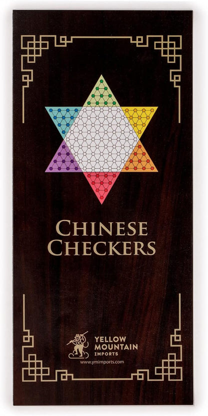 Yellow Mountain Imports Classic Chinese Checkers Halma Board Game Set with Storage 12.6-inch Wooden Board and Solid Color 16-Millimeter Glass Marbles