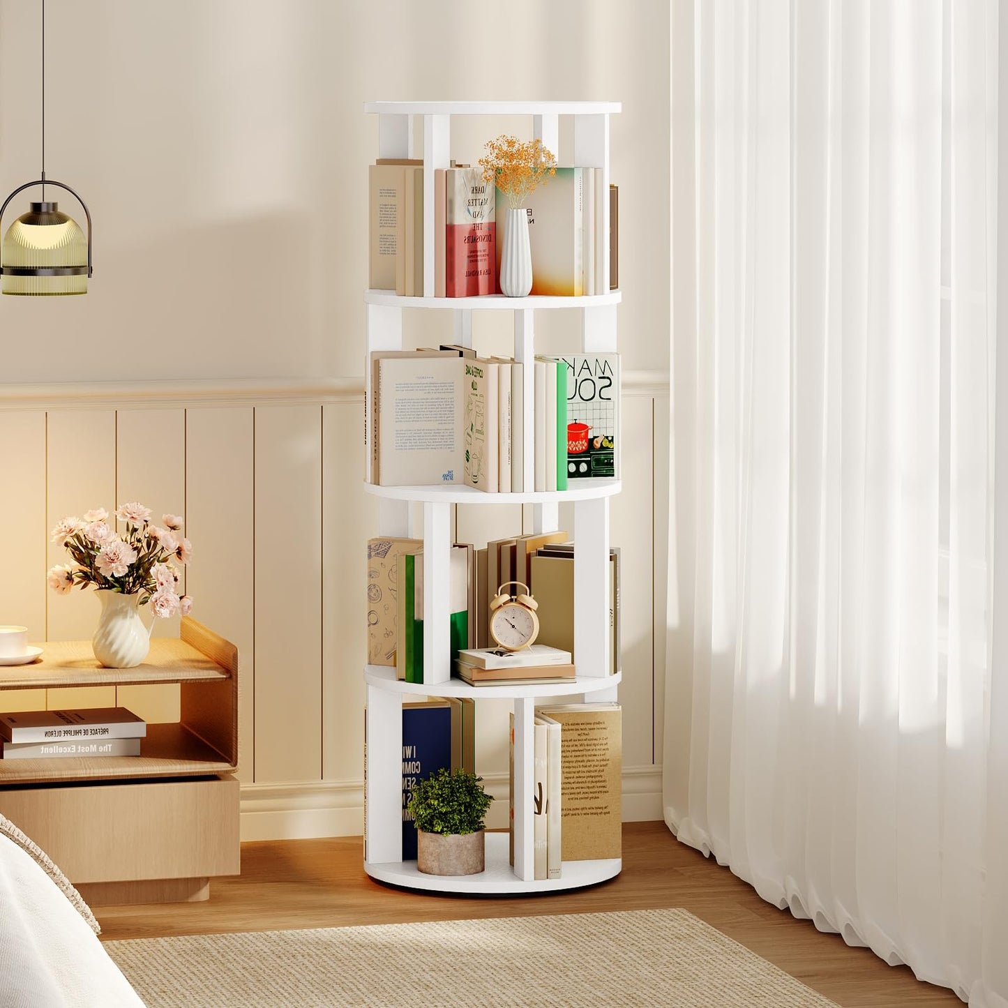 MAHANCRIS Folding Countertop Kitchen Island Cart and 4-Tier Rotating Bookshelf Bundle, Kitchen Island Table with Towel Rack, Spinning Bookshelf Tower, for Living Room, Study, KIBZ12501-BKWT6401