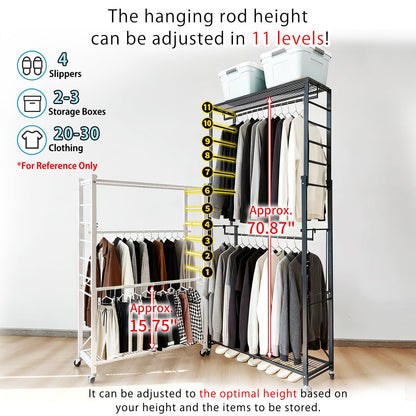 lumizone Folding Clothing Rack with Wheels Expandable Wardrobe Portable Clothes Rack for Hanging Clothes Adjustable Closet Shelves Garment Rack Durable Closet Racks for Hanging Clothes (Pro White)