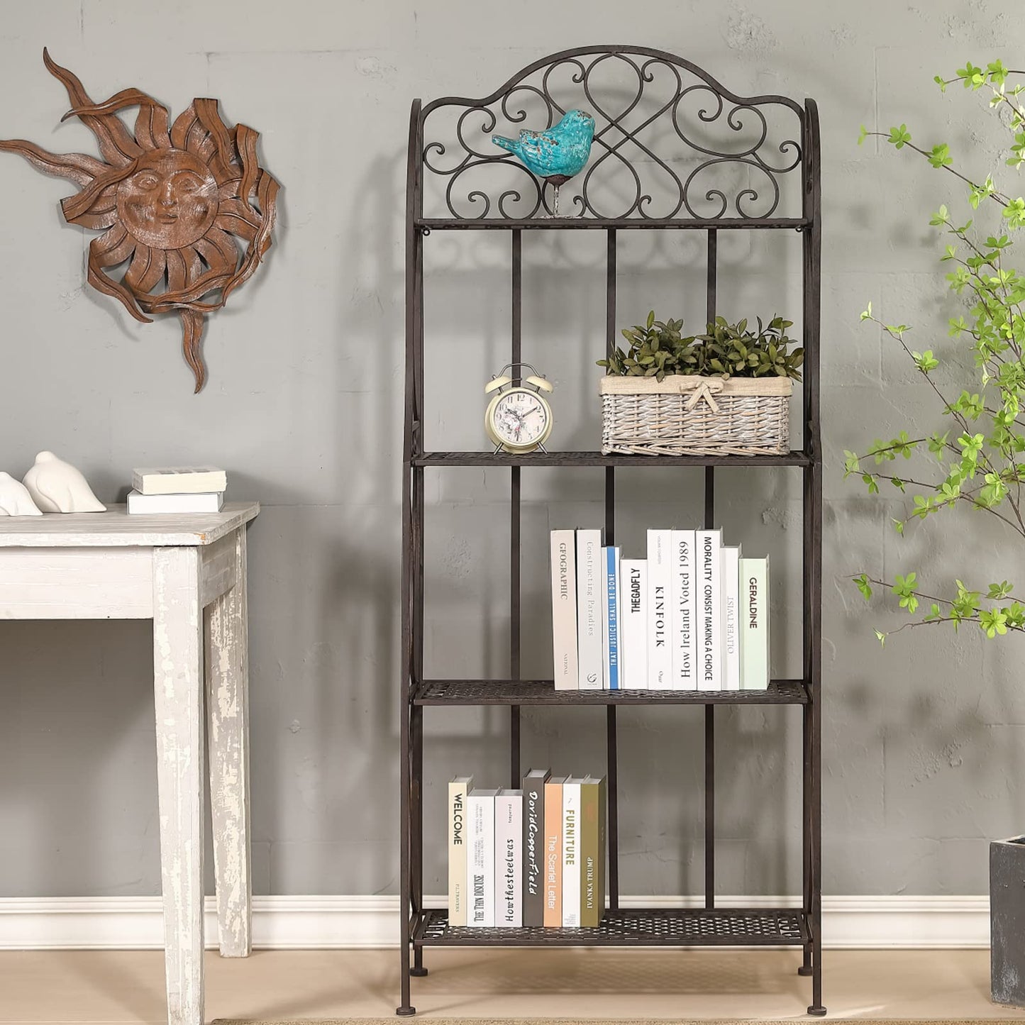 XAONIEN Antique Bronze Four-Tiered Metal Baker's Rack,Free Standing Book Shelves Plants Stand for Kitchen Patio Front Porch Dining Room Living Room,27" X 14" X 65"