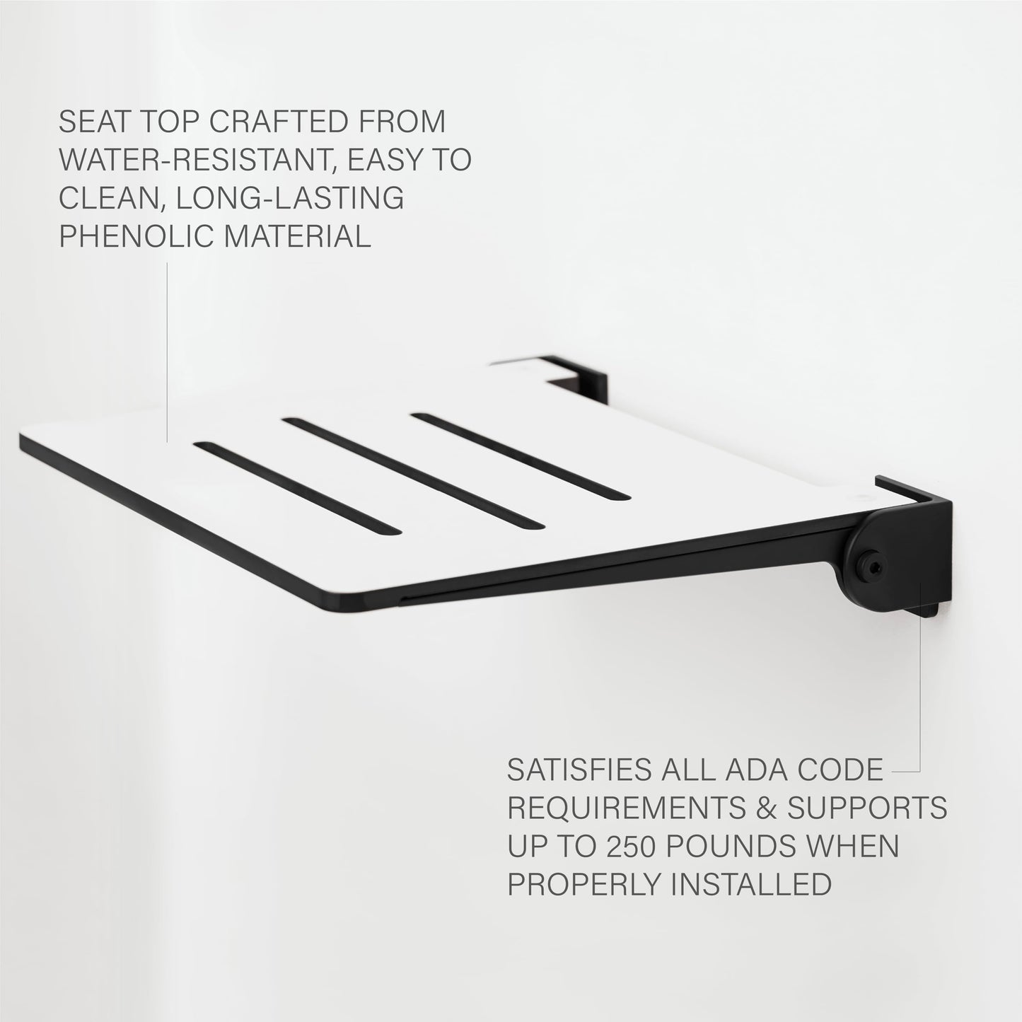 Seachrome 18 inch Silhouette Slimline Folding Wall Mount Shower Bench Seat, White Seat with Matte Black Frame