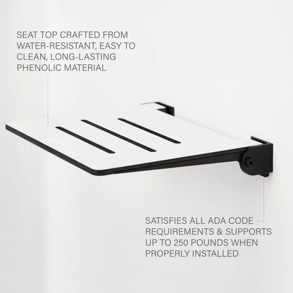 Seachrome 18 inch Silhouette Slimline Folding Wall Mount Shower Bench Seat, White Seat with Matte Black Frame