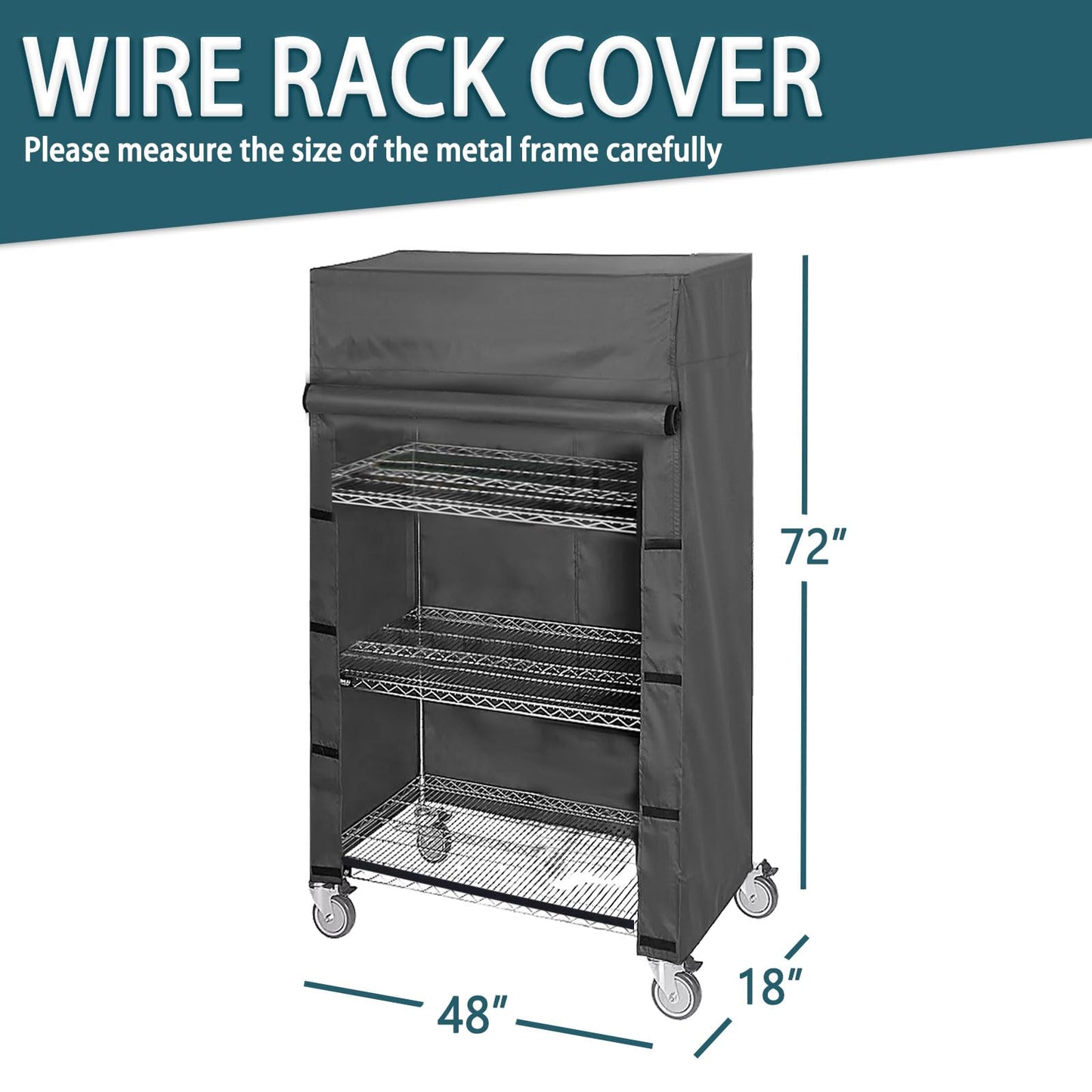 ZYSUOR Shelving Cover Storage Shelf Wire Rack Cover,48" W x 18" D x 72" H,Nylon Buckle Design on Both Sides of The Front for Easy Access to Items (No Shelves,Black)