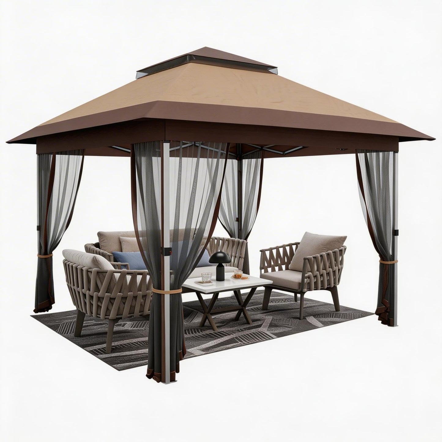 Garvee 12x12 Gazebo, Instant Outdoor Canopy Tent with Mosquito Netting, Screen Tent with 4 Ropes, 8 Stakes, 4 Sandbags and Wheeled Storage Bag, Shelter Canopy for Patio Garden Backyard, Khaki