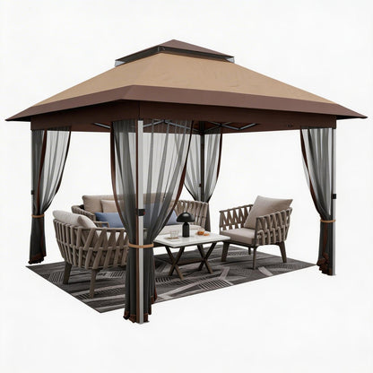 Garvee 12x12 Gazebo, Instant Outdoor Canopy Tent with Mosquito Netting, Screen Tent with 4 Ropes, 8 Stakes, 4 Sandbags and Wheeled Storage Bag, Shelter Canopy for Patio Garden Backyard, Khaki
