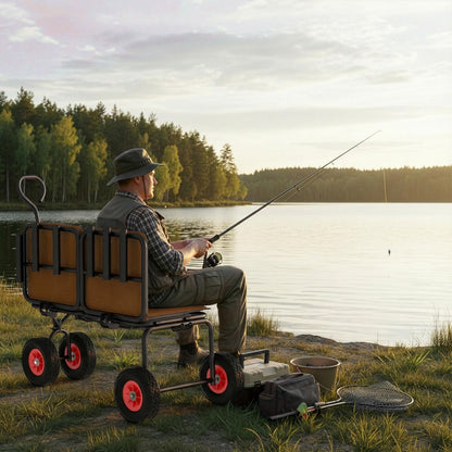 3 in 1 Beach Fishing Cart, Heavy Duty Garden Carts w/All Terrain Inflatable Tires, Folding Wagon Cart, Convert to Chair or Bench with Cushion, Rod Holders and Durable Oxford Bag