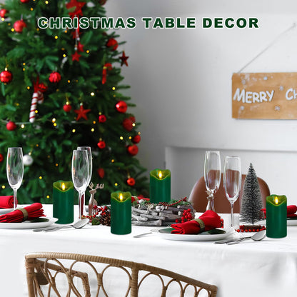 VEEKI Flameless Candles Light, Set of 2 6"x3" Flickering Christmas Flameless Candles with Remote & Timer, Dimmable Real Wax Pillar Candles Battery Operated, Green Candles for Home Xmas Decor (Green)