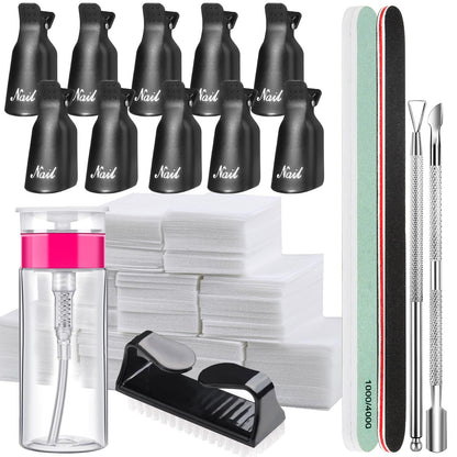 FANDAMEI Nail Polish Gel Remover Tools Kit with Nail Clips, 100ml Nail Polish Remover Bottle, 500 Nail Remover Cotton Pad, Nail Brush, Cuticle Pusher/Peeler, 100/180 Nail File,Buffer Block