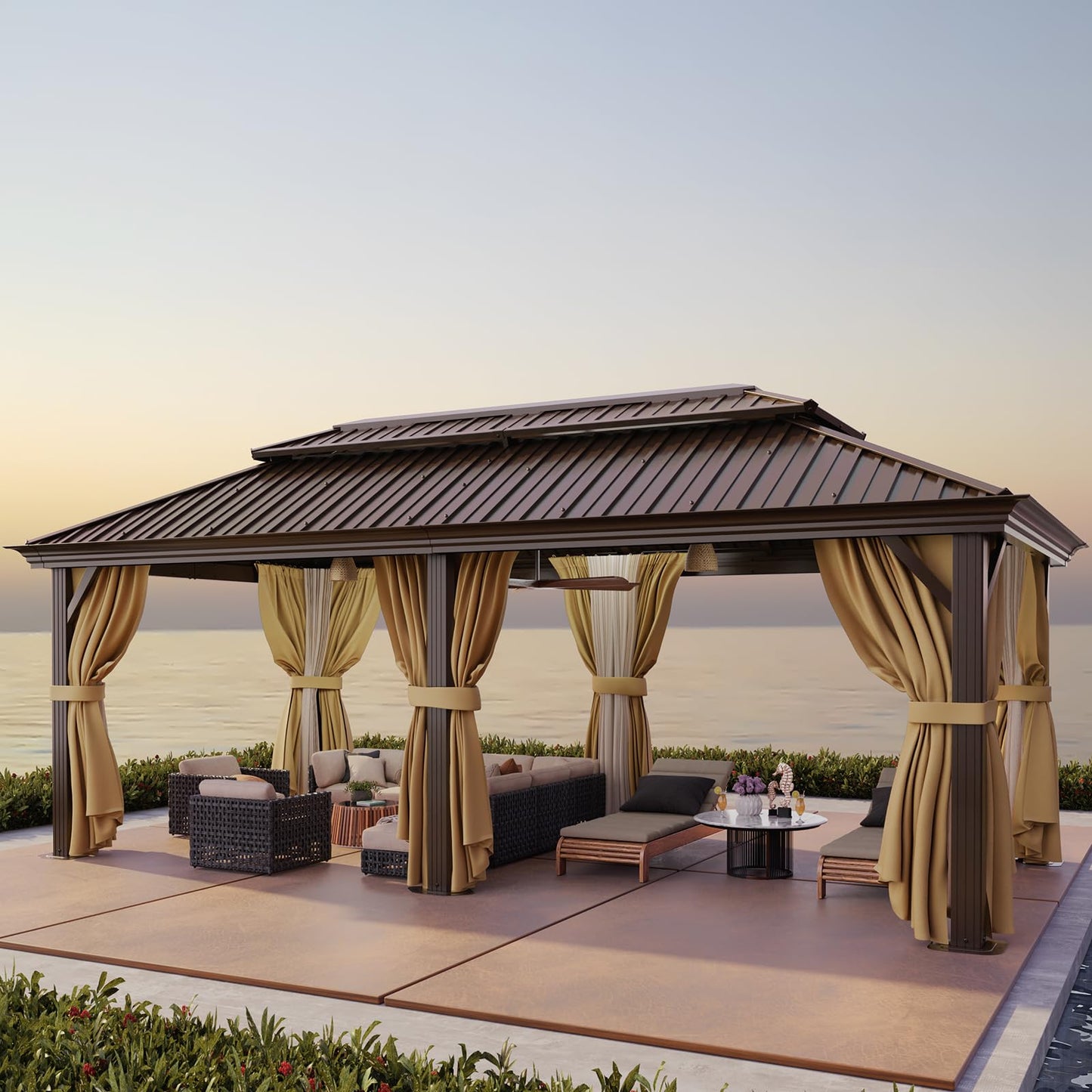 HOTEEL 12x20 Hardtop Gazebo on Clearance with Metal Roof & Gutter, Heavy Duty Galvanized Steel Patio Gazebo with Aluminum Frame, Privacy Curtains and Netting, for All-Weather, Brown (2026 Upgraded)