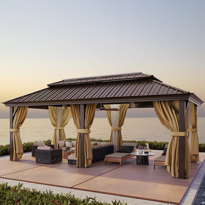 HOTEEL 12x20 Hardtop Gazebo on Clearance with Metal Roof & Gutter, Heavy Duty Galvanized Steel Patio Gazebo with Aluminum Frame, Privacy Curtains and Netting, for All-Weather, Brown (2026 Upgraded)