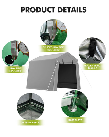 6x8 FT Portable Carport Storage Shed Tent – Heavy Duty Waterproof & UV-Resistant Motorcycle Tent with Roll-Up Zipper Doors, Steel Frame Shelter for Bike, Outdoor Tools & Equipment, Grey