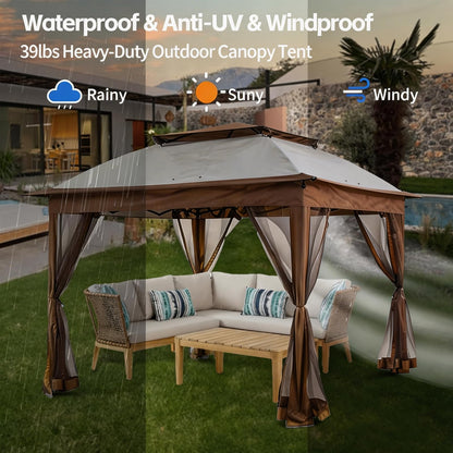 Solaroxy 10' x 10' Pop Up Gazebo Tent, Outdoor Screen Canopy Shelter, Instant Patio Sun Shade Gazebo Tent with 2 Tiers Roof & Mesh Netting for Garden, Lawn, Backyard, Party, Beige & Coffee