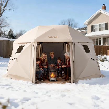 VEVOR Pop up Gazebo Screen Tent, 15 x 15 ft, 13-Sided Spherical Camping Canopy Tent with Removable Top & Carry Bag, Quick-Set & Bite-Proof, Screen House Sun Shelter for 12-15 Persons, Beige