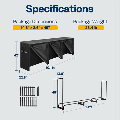 VIVOHOME 10 ft Heavy Duty Firewood Rack Outdoor with Cover, Fire Wood Storage Rack, Log Holder and Cover Combo Set with Zipper, Black