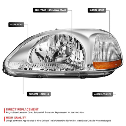 DNA MOTORING Pair Headlight Assembly Compatible With 1996-1998 Honda Civic, Chrome/Amber, HL-OH-HC96-CH-AM