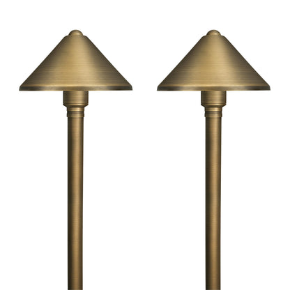 GKOLED Solid Brass Landscape Path Lights (5" Shade, 20" Tall), Low Voltage LED 3W 12-24V AC/DC Conehead Path Lighting, 2700K Outdoor Waterproof Walkway Light, with Stake and G4 Bulb, 2 Pack