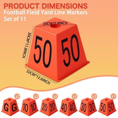 Motionchic Set of 11 Football Field Yard Line Markers Orange High Visibility Stackable Portable 4 Sided Field Yardage Markers for Football Training