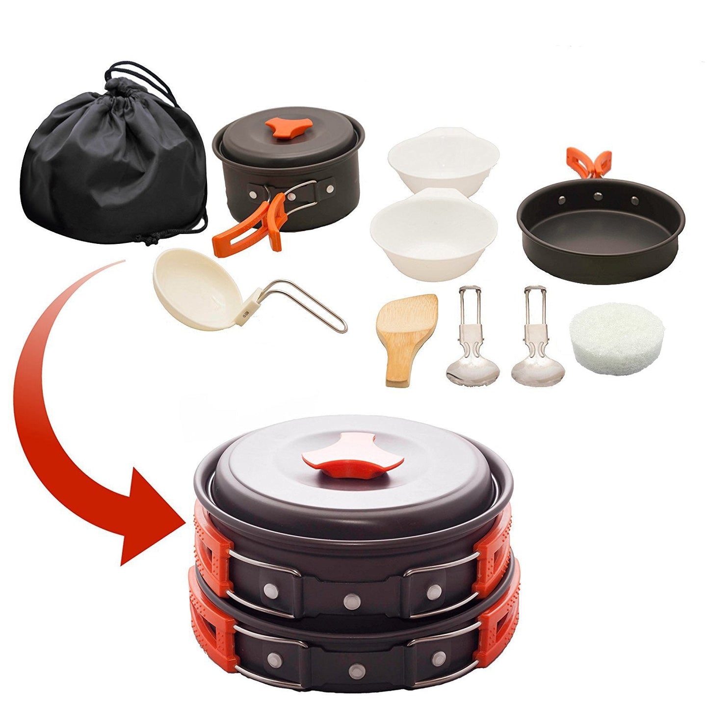 Voyage Living 12 PCS Lightweight Camping Cookware Set – Non-Stick Pots, Pans & Utensils for Backpacking, Hiking – Compact Mess Kit for 1-2 People, Gift with Emergency Blanket