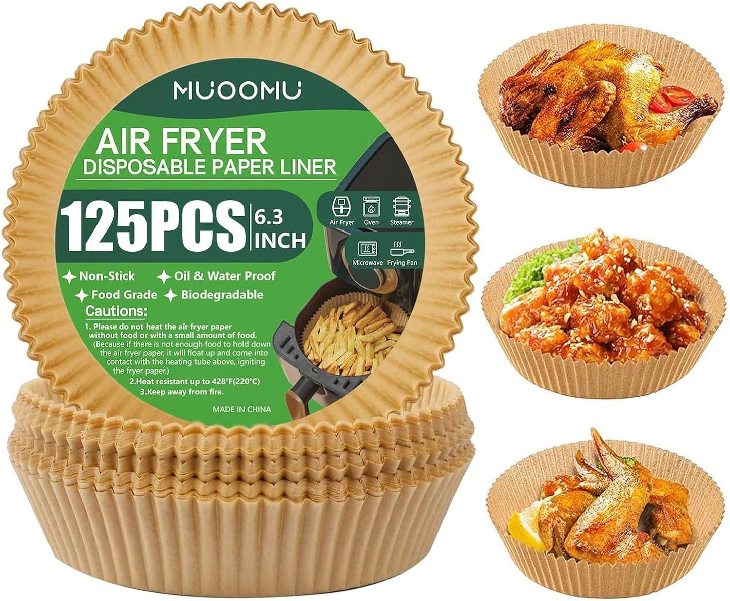 AirFryer Disposable Paper Liners - Non-Stick Round Parchment for Easy Cooking & Baking | 125PCS, 6.3 Inch