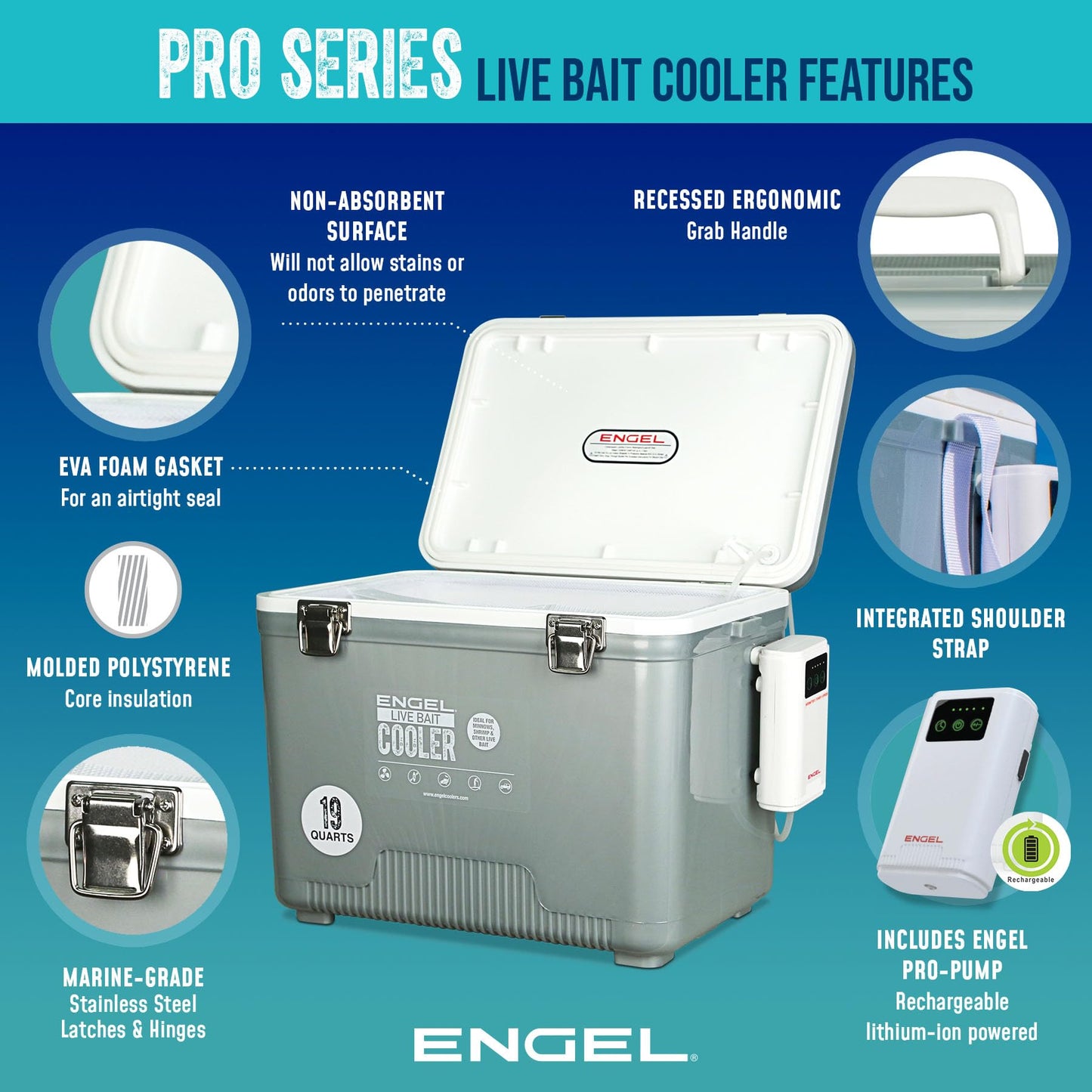 ENGEL 30 Quart Live Bait Cooler PRO for Fishing - Portable Minnow and Bait Bucket with Lithium-Ion Rechargeable Aerator with 4 Rod Holders - Silver (30QT)