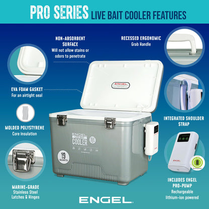 ENGEL 30 Quart Live Bait Cooler PRO for Fishing - Portable Minnow and Bait Bucket with Lithium-Ion Rechargeable Aerator with 4 Rod Holders - Silver (30QT)