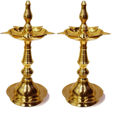 Craftsman Kerala Diya 11 Inch Pure Brass Oil Lamp Pack of 2 Golden Engraved Design